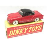Dinky Toys 187 Volkswagen Karmann Ghia Coupe in red with black roof. G/VG in VG red/yellow box.