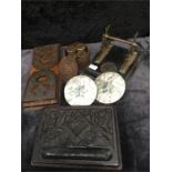 A mixed lot of collectables including an oak book slide, two desktop pen holders, etc.