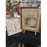 A 19th century tapestry fire screen with a lords prayer in stumpwork ,needle cross and poker by