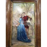 A late 19 century french framed painted plaque of a young velvet jacketed gallant and his young lady