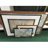 Four framed pictures. inc period H M S Vanguard in black frame ,sailing print etc