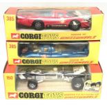 Three Corgi Toys Whizzwheels racing cars: 2 x 385 Porsche 917; 150 Surtees TS9 F1. Appear G-VG in VG