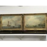A pair of framed oils of seascapes, ships at harbour, choppy seas in gilt frames.