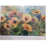 Large framed print of watercolour sunflowers , with framed still life of flowers on board