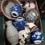 A box of various china to include ginger jars, a vase, ornaments etc.