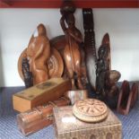 Various wooden items to include figures, boxes and other.