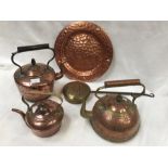 Copper items to include three kettles etc.