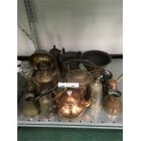 A collection of brass and copper, lamp, coffee pots, etc.