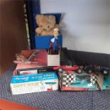 A Teddy Jack in the box, two vintage Scalextric cars (af), a kit building diecast and plastic