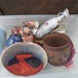 A box of various china to include a Poole pottery plate.