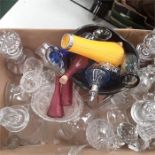 A box of glassware to include decanters, vases, glasses etc.