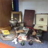 Various collectables to include an AA badge, cow bell, cigarette case as found etc.