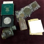 A Silver Queens South African medal, coins, Maundy money, cartwheel penny , small bible etc.