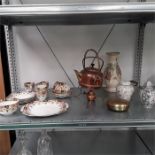 A quantity of china, brass kettle with burner, glass pot, etc.