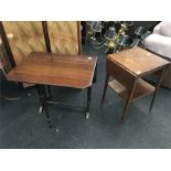 A mahogany drop leaf table together with another in oak.