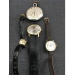 A bag of three wristwatches and a pocket watch.