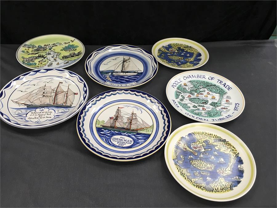 Poole Pottery:Seven plates including three ship plates and four harbour scenes.