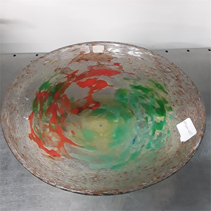 A large Monart glass bowl.in green red and bubble inclusions 11 inches