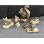 Five Poole Pottery animal figures including a Barbara Linley-Adams squirrel.