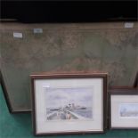 A large framed and glazed map of the Isle of Wight and four related pictures.