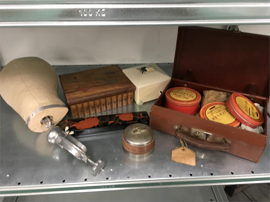 A dummy head, a honey pot, a box containing theatrical grease paint, etc.