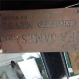 A old brass engraved plaque for Certified Midwife. for F A James s r n cert midwife