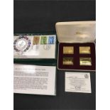 A set of four gold plated sterling silver Railway Anniversary Stamp Replicas and The County