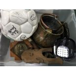 A box of metalware, glass and a Celtic football.