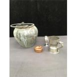 A large Chinese engraved cooking pot with handle af, a stud box, pewter tankard, etc.