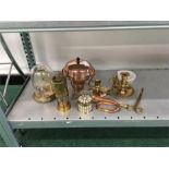 A small quantity of assorted brass to include kettle on stand, miners lamp, bugle, etc.