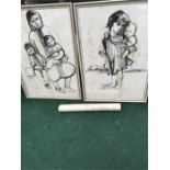 Two monochrome prints of mother and children by Ruth Schloss, gallery label att, together with a