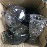 Two boxes of decorative and ornamental glassware.