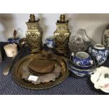 A collection of brassware, glass and china items.