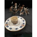 A collection of hounds including Beswick horse, other Beswick and three commemorative plates, etc.