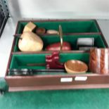 A box of wooden treen items including mahogany cutlery tray, turned caddy burr walnut box, stands