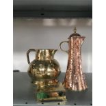 An Art Nouveau W M F polished copper jug One other water jug together with a polished brass box