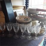 Various collectors plates, pictures, glasses and a set of scales.