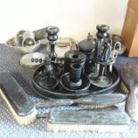Various parts of Ebony dressing table sets together with silver plate items.