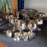 Silver plate items, goblets, candlestick and a Mappin & Webb tazza.