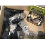 Box with coins and silver items, cigarette box etc.