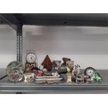 A mixed lot of small clocks/watches, glass paperweights, dumps, Kudos clock, etc.