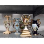 Seven assorted china vases including a Paris, staffs and transfer decorated.