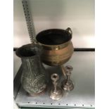 A Brass coal box of urn form of a Christopher dresser design ? marked two forks, a islamic