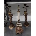 Two gilt metal candlesticks designed as cherubs together with trinket box and gilt metal mounted