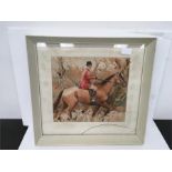 Framed watercolour picture of horse with rider wearing red jacket. after Munnings