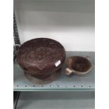 A large carved Antique Goanese colonial hardwood carved fruit bowl and cover and a handled fruitwood