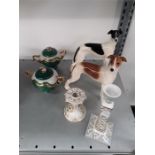 Two china dogs together with two china candlesticks and two green and white mansion ware vases and