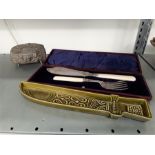 A Poole Pottery knife together with silver plated box and fish servers.