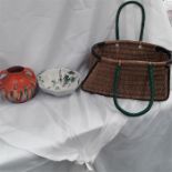 A wicker basket together with a Shelley bowl with chip and a Wadeheath bowl.