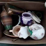 A box of china to include jugs, bowls and vases.